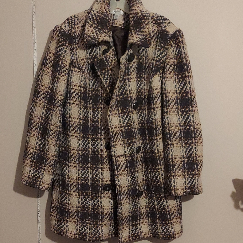 dressbarn Plaid Pea Coat in Cream and Brown